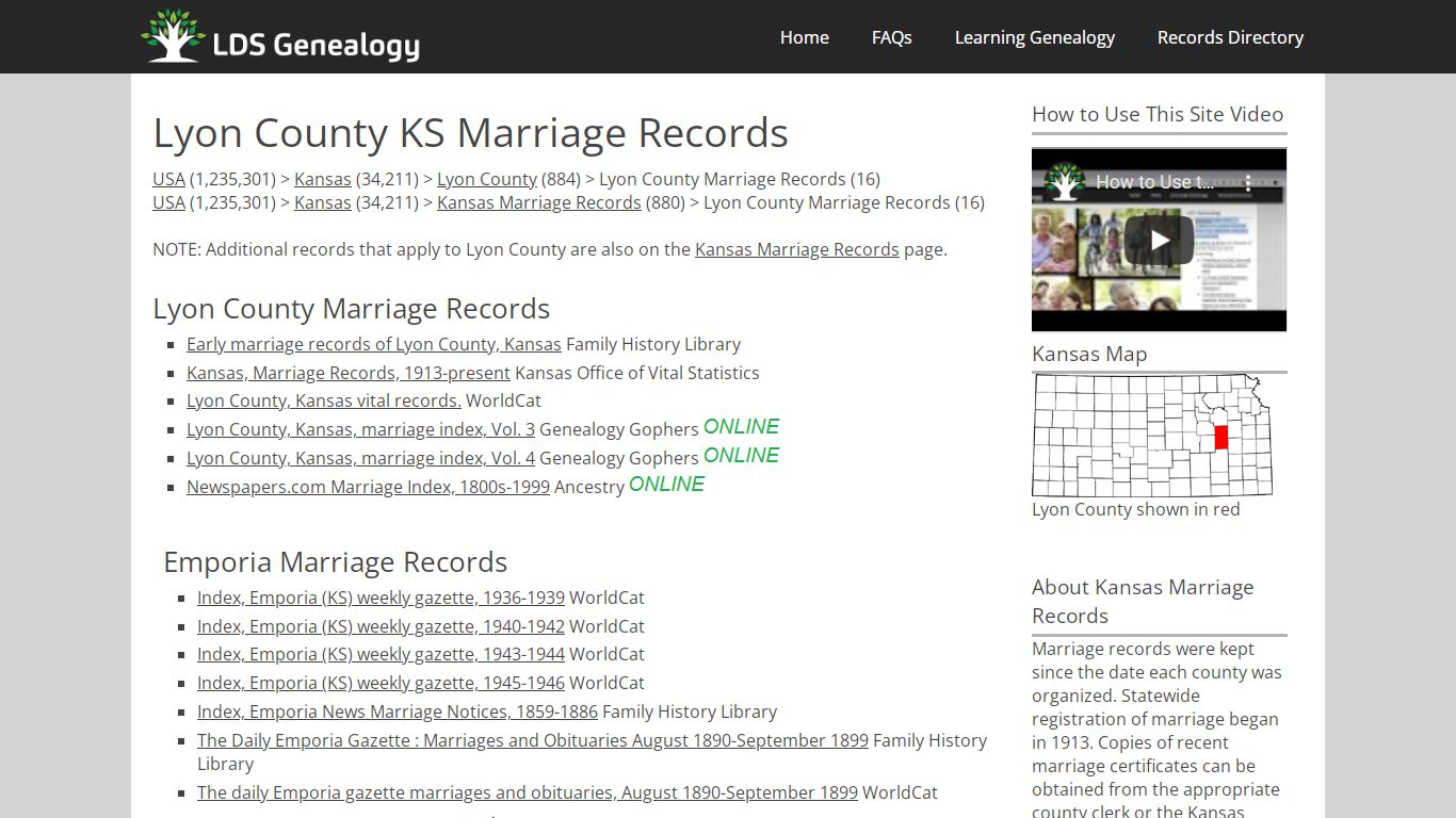 Lyon County KS Marriage Records - LDS Genealogy