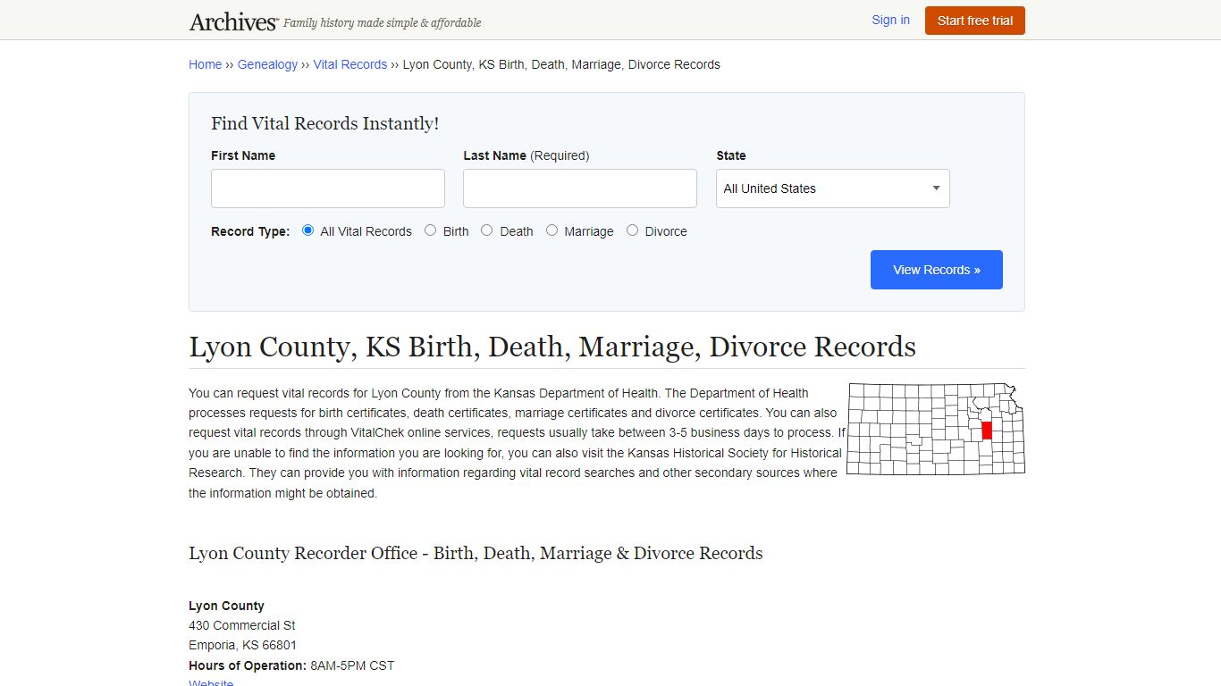 Lyon County, KS Birth, Death, Marriage, Divorce Records